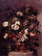 CORTE, Gabriel de la. Still-Life of Flowers in a Woven Basket oil